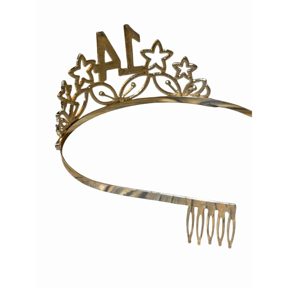 Gold 14th Birthday Tiara-Rhinestone Star‎ Princess Crown For 15th Bday